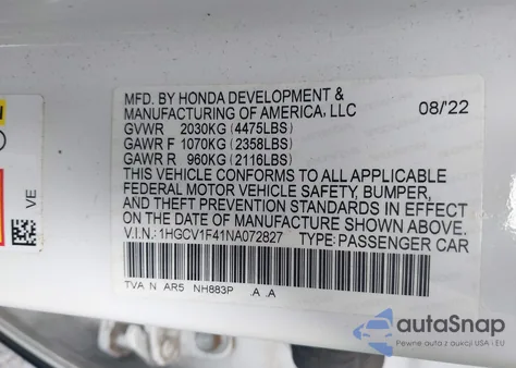 2022 Honda Accord Sport Special Edition из США, поврежденный, VIN 1HGCV1F41NA072827